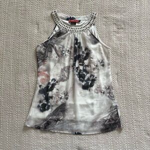 Vintage 2000s white floral and paisley tank top with studded neckline